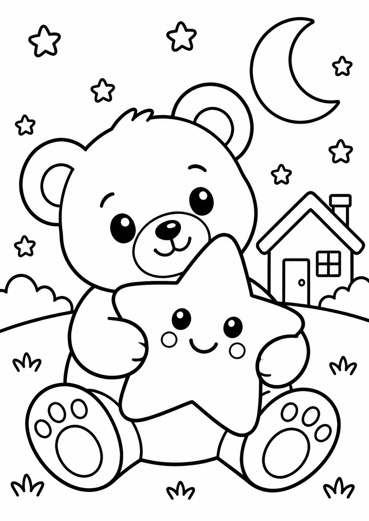 Colouring page: a teddy bear hugging a smiling star under the moon, with a little house