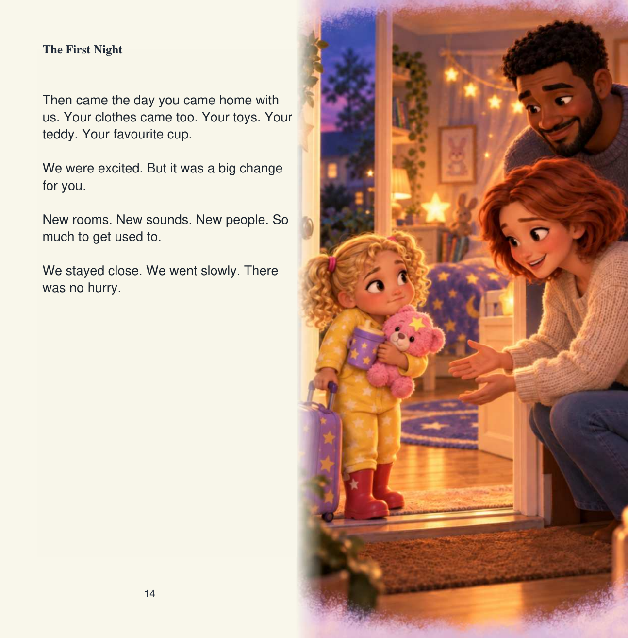 Sample page: The First Night — a child arrives at their new home holding a pink teddy