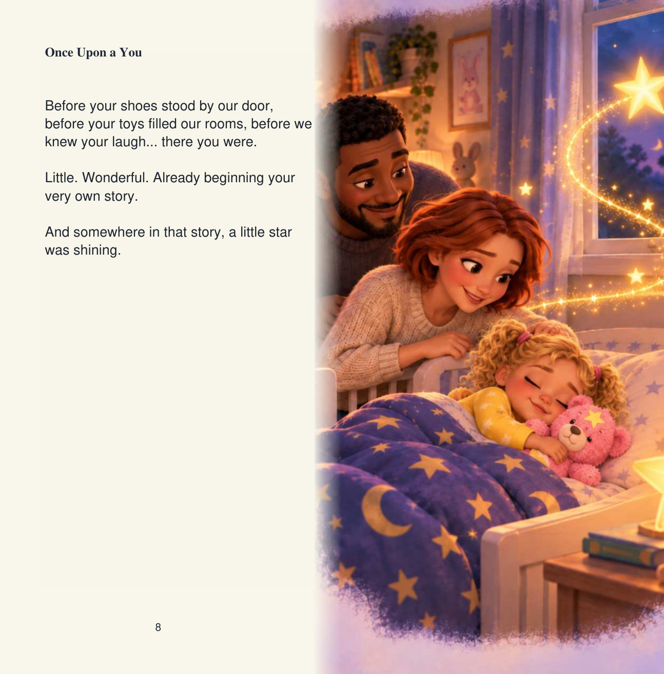 Sample page: Once Upon a You — a child asleep with a pink teddy while a little star shines at the window